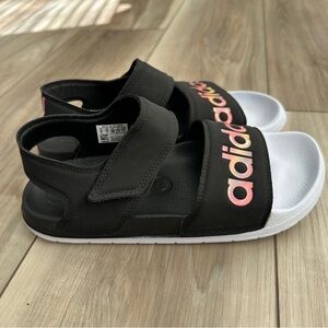 Adidas Adilette Strappy Sandals Women US 6 Black Pink Logo Hook & Loop Comfy